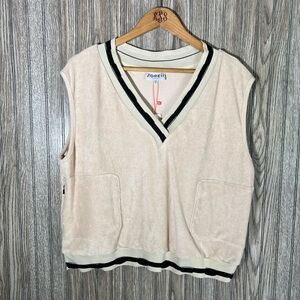 NWT The Greii Cream Tan Black Terrycloth V-Neck Sleeveless Sweater Vest